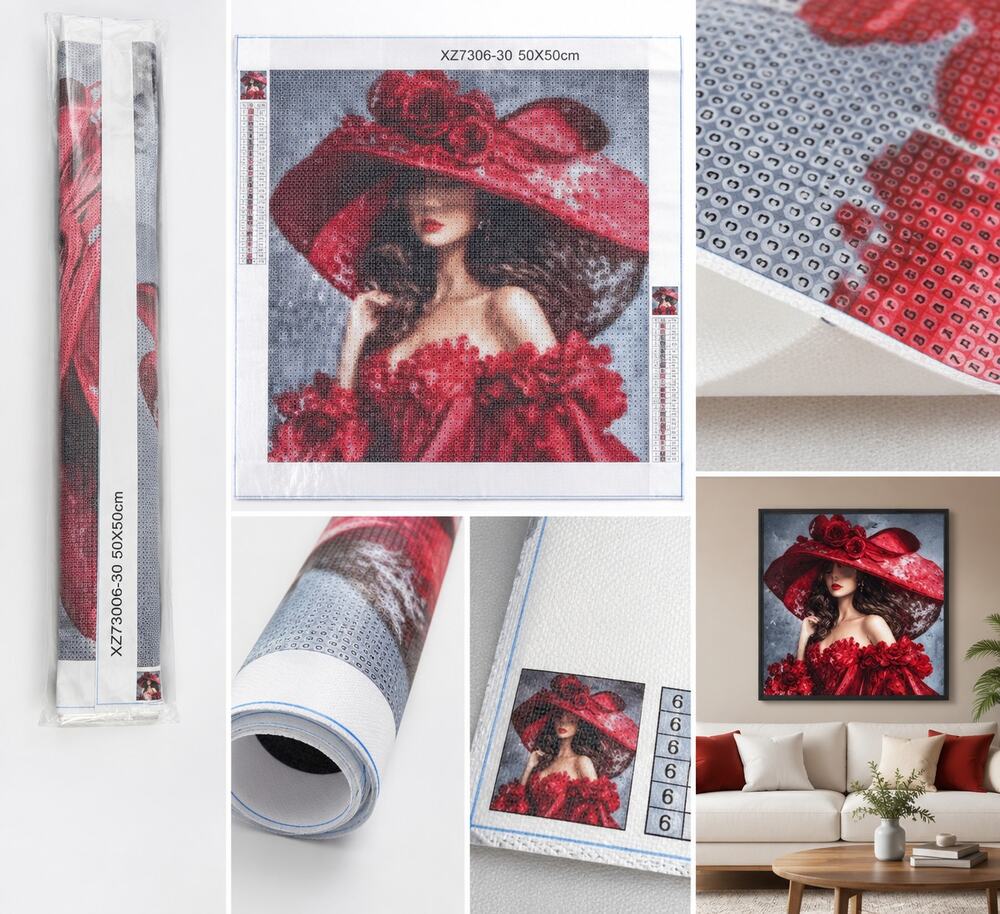 Red Hat & Roses Woman Diamond Painting Canvas – 50 x 50 cm